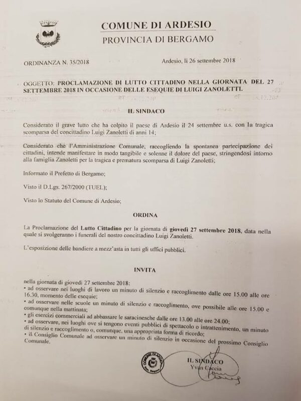 lutto cittadino luigi zanoletti