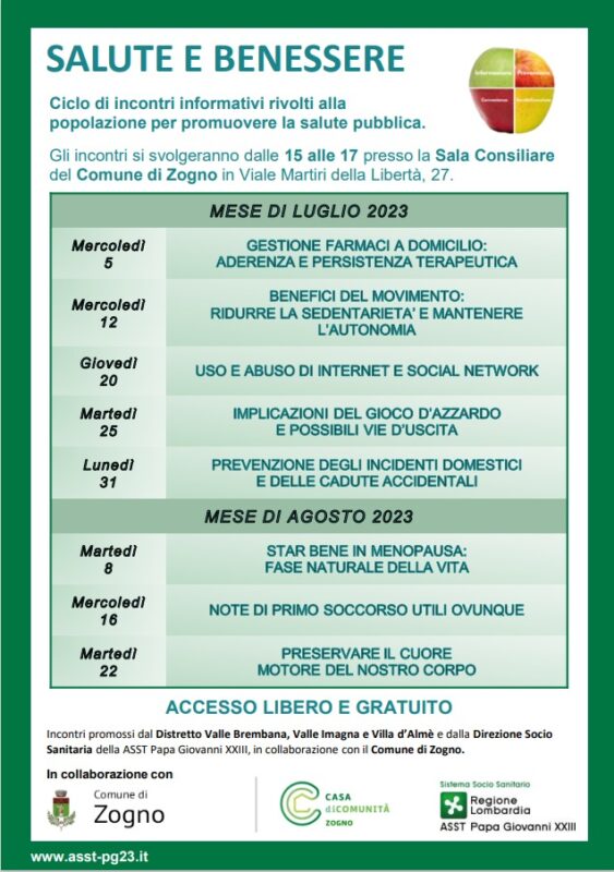 LOCANDINA Incontri Salute e benessere Zogno 1 scaled Salute e benessere: proseguono gli incontri aperti alla popolazione promossi dalla Casa di Comunità di Zogno