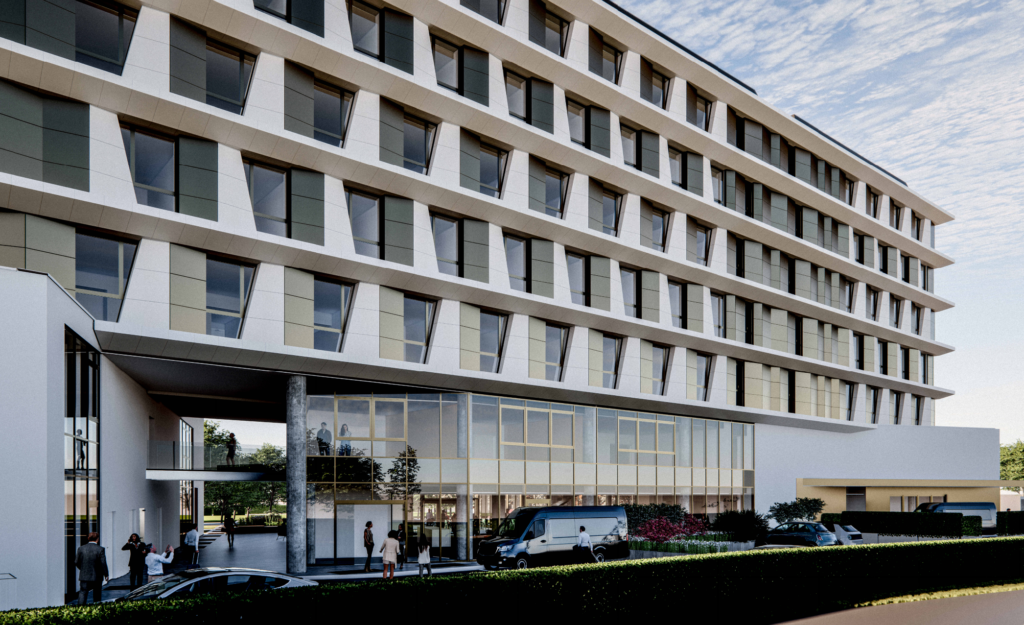 Rendering hotel entro Servizi Aeroportuali BGY CDA SACBO APPROVA REALIZZAZIONE NUOVO CENTRO SERVIZI AEROPORTUALI