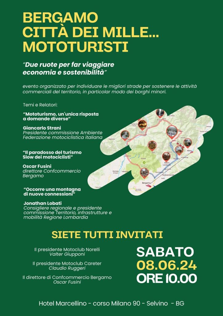 2024.06.06 Bergamo citta dei mille mototuristi convegno a Selvino 8 giugno Bergamo città dei mille mototuristi, convegno su economia e sostenibilità sabato 8 giugno a Selvino