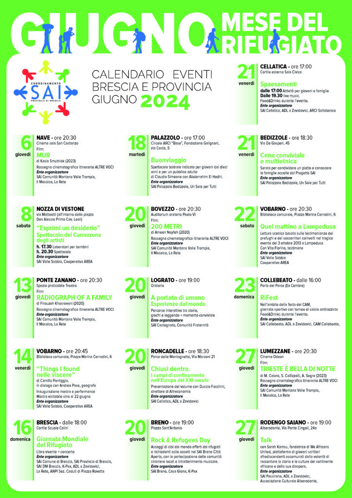 2024 mese de rifugiato brescia Ogni anno, il mondo intero celebra la forza e il coraggio delle persone costrette a fuggire dal proprio Paese a causa di guerre e persecuzioni. Quest’anno, il focus della Giornata Mondiale del Rifugiato è la solidarietà con e l’inclusione delle persone rifugiate. I rifugiati e le rifugiate hanno bisogno della nostra solidarietà, ora più che mai. Solidarietà è tenere le porte aperte, celebrare la loro forza e i loro successi e riflettere sulle sfide che devono affrontare, quando sono costretti a scappare dalle proprie case e lasciarsi indietro tutto. Solidarietà con le persone costrette a fuggire significa anche ricercare soluzioni alla loro condizione: porre fine ai conflitti in modo che possano fare ritorno alle loro case in sicurezza, garantire loro opportunità di prosperare nelle comunità che li hanno accolti e fornire ai Paesi le risorse necessarie per includere e sostenere i rifugiati. Perché è stata istituita la Giornata Mondiale del Rifugiato? La Giornata Mondiale del Rifugiato vuole accendere i riflettori sui diritti, i bisogni e i sogni dei rifugiati, contribuendo a mobilitare la volontà politica e le risorse affinché i rifugiati possano non solo sopravvivere ma anche prosperare. Quando e da chi è stata istituita? La Giornata Mondiale del Rifugiato, è stata istituita il 4 dicembre 2000 dall’Assemblea Generale delle Nazioni Unite con la risoluzione n. 55/76 del in occasione del cinquantennale della Convenzione di Ginevra che, nel 1951, ha definito lo status di rifugiato. Quali sono gli appuntamenti nella Provincia di Brescia? Le iniziative a Brescia e Provincia promosse dal Cooordinamento SAI provinciale sono iniziate il 6 Giugno e proseguiranno come da programma allegato fino al 27 Giugno. Si tratta di 16 eventi che si svolgono in 16 diversi Comuni e che hanno al centro il tema del diritto di asilo, delle migrazioni forzate e dell’inclusione. I diversi progetti SAI organizzano ogni anno questi momenti di condivisione con l’obiettivo di aprire i progetti di accoglienza alla cittadinanza, offrendo occasioni di approfondimento, sensibilizzazione, formazione e festa condivisa. PRESENTAZIONE DEL COORDINAMENTO PROVINCIALE DEI PROGETTI SAI - PROVINCIA DI BRESCIA Il Coordinamento nasce nel 2016 e rappresenta gli Enti Locali (i Comuni, due Comunità Montane e la Provincia) titolari dei Progetti SAI situati nella provincia di Brescia e gli Enti del terzo settore che gestiscono questi progetti. L’obiettivo del Coordinamento è quello di promuovere azioni volte a sviluppare collaborazioni e sinergie per attivare misure di tutela e integrazione per richiedenti asilo e titolari di protezione internazionale privilegiando il Sistema di Accoglienza e Integrazione (SAI) del Ministero dell’Interno. Si riunisce in seduta plenaria con cadenza bimestrale con l’obiettivo di unificare pratiche, procedure, metodologie e approcci nei Progetti SAI della provincia di Brescia, monitorare l’applicazione della normativa vigente in materia di diritto di asilo, progettare e promuovere percorsi di formazione ed eventi di sensibilizzazione rivolti ad operatori e operatrici dell’accoglienza, servizi sociali e cittadinanza. A livello organizzativo il coordinamento bresciano è suddiviso in gruppi di lavoro, tra cui: - Gruppo Legale, composto da operatori e operatrici legali dei progetti di accoglienza SAI e CAS della provincia di Brescia, e referenti di sportelli per migranti accreditati sul territorio. Il gruppo è coordinato dal Comune di Brescia e prevede momenti di confronto bimestrali, nonché periodici incontri con la IV sezione della Questura di Brescia o con la Commissione Territoriale. - Gruppo Lavoro, composto da operatori e operatrici dell’area lavoro dei progetti di accoglienza SAI. Si ritrova mensilmente per condividere con la rete le opportunità lavorative e di formazione per l’utenza dei progetti, e confrontarsi su buone prassi. - Gruppo formazione, si ritrova con cadenza bimestrale e si occupa di progettare percorsi di formazione in base alle esigenze e necessità riscontrate dai vari progetti. Nel corso degli anni sono stati sviluppati vari progetti, tra i quali: Co-abitare: progetto di co-housing attivo da settembre 2020, in base ad un accordo tra il Coordinamento e la Provincia di Brescia che garantisce un co-finanziamento a copertura del 40% dei costi, per favorire l’accesso all’abitare dei beneficiari in uscita. È finalizzato ad evitare collocazioni di emergenza, offrendo alle persone il tempo necessario per trovare soluzioni consone alla propria disponibilità economica e alle esigenze lavorative. Vi partecipano quattro degli enti attuatori di progetti, impegnati nella gestione di una rete di appartamenti per circa trenta posti. Concorso scolastico “Accogli come vorresti essere accolto”: rivolto alle scuole secondarie di primo e secondo grado della provincia di Brescia allo scopo di promuovere la conoscenza delle migrazioni forzate, del diritto di asilo e dell’accoglienza dei richiedenti e titolari di protezione internazionale. Promosso dal Coordinamento in collaborazione con Provincia di Brescia, Comune di Brescia e Ufficio Scolastico Territoriale nell’anno scolastico 2022-2023 ha visto la partecipazione di 30 istituti scolastici ed il coinvolgimento di più di 1000 studenti. Sulla base di un apposito Protocollo d’intesa tra le quattro realtà promotrici, il Concorso è stato riproposto nell’a.s. 2023-2024 con la partecipazione di 22 Istituti scolastici ed è già programmato per i prossimi due anni scolastici. Agli iscritti è offerta la possibilità di fruire di un percorso formativo, a cura dei progetti SAI, per sviluppare riflessioni e approfondimenti sul tema delle migrazioni forzate, con testimonianze di rifugiati e operatori dell’accoglienza. - Protocollo con Enti anti-tratta: periodici incontri di aggiornamento e formazione per il programma di emersione, assistenza ed integrazione sociale a favore delle persone vittime di tratta e grave sfruttamento lavorativo Il Coordinamento è inoltre dotato di una segreteria che gestisce, in collaborazione con il Servizio Centrale della rete SAI e la Prefettura di Brescia, l’inserimento nei Progetti SAI delle persone titolari di protezione e/o richiedenti asilo accolte nei CAS (Centri Accoglienza Straordinari) e le richieste di accesso al sistema SAI che pervengono dal territorio. Attualmente sono 622 i posti di accoglienza nei 12 progetti SAI attivi nella provincia di Brescia. In termini di accoglienza provinciale, a questi si uniscono i circa 1775 accolti nelle strutture CAS e distribuiti in 52 Comuni. Attività della Segreteria di Coordinamento: La Segreteria di Coordinamento si occupa di tutte le procedure relative le segnalazioni e gli inserimenti nei Progetti SAI di richiedenti asilo e titolari di protezione provenienti dai progetti CAS (Centri Accoglienza Straordinari) e dagli sportelli territoriali; delle convocazioni delle riunioni di Coordinamento; della gestione delle comunicazioni con Servizio Centrale e Prefettura per tutti i progetti SAI presenti nella Provincia di Brescia. Riceve dai CAS bresciani, dagli Sportelli territoriali, dalla Prefettura di Brescia o dal Servizio Centrale i nominativi e le informazioni delle persone che hanno necessità di entrare in SAI, e dagli stessi progetti SAI un resoconto dei posti liberi e occupati ogni settimana. La Segreteria di Coordinamento può così effettuare un’operazione di matching tra posto libero e utente da inserire, cercando di rispondere alle esigenze dell’utente (soprattutto in merito a situazione lavorativa ed eventuali vulnerabilità presenti). Una volta effettuato il matching, il progetto SAI di destinazione svolge un pre-colloquio con l’utente e, una volta effettuato l’ingresso, invia alla Segreteria i dati dell’utente, in modo da permetterne la corretta archiviazione ed informare, settimanalmente, il Servizio Centrale circa gli ingressi avvenuti e gli eventuali posti liberi nei progetti. Dati della segreteria del Coordinamento relativi all’anno 2023 La maggior parte degli inserimenti avvenuti riguardano uomini singoli, alla luce delle tipologie di progetti ordinari che caratterizzano il nostro territorio, ma negli ultimi anni molti progetti hanno scelto di convertire i posti delle persone singole in posti dedicati all’accoglienza di nuclei familiari. Questo al fine di rispondere alle esigenze territoriali e all’arrivo di numerosi nuclei afghani e ucraini. Nonostante ciò e nonostante l’elevato numero di ingressi nei progetti SAI, resta forte il bisogno di ulteriori posti per famiglie e persone vulnerabili. Durante il 2023 si è cercato di fare sempre più fronte all’esigenza di accoglienza di numerosi nuclei procedendo, quando possibile, all’inserimento in progetti SAI della provincia di Brescia e ricorrendo a segnalazioni al Servizio Centrale per la presa in carico a livello nazionale, nei numerosi casi in cui non erano presenti posti liberi per nuclei nei progetti attivi sul nostro territorio. Si è inoltre riscontrato un aumento di richieste di inserimento in progetti SAI da parte di ex-minori stranieri non accompagnati e persone con vulnerabilità (disagio mentale o sanitario). In quest’ultimo caso, laddove possibile, si è agito segnalando tali persone per l’inserimento in progetti specifici (DM/DS), tuttavia nella maggior parte dei casi, a fronte di un alto numero di richieste e di un esiguo numero di progetti di questo tipo, si è optato per inserimenti in progetti SAI ordinari. I progetti SAI attivi sul territorio hanno affrontato pertanto una riorganizzazione interna per poter fornire servizi consoni alle esigenze riportate da tali beneficiari e beneficiarie, che si sono dimostrati sempre più numerosi. Di seguito i dati delle segnalazioni ricevute e degli inserimenti avvenuti nell’anno 2023. Segnalazioni totali ricevute nel 2023: Totale segnalazioni ricevute: 704 Totale ingressi avvenuti nei progetti SAI della Provincia di BS: 354 Totale ingressi non avvenuti per rifiuti o altro: 175 Dati relativi agli uomini singoli Totale inserimenti avvenuti in progetti SAI (uomini singoli): 188 Totale ingressi non avvenuti per rifiuti o altro (uomini singoli): 56 Dati relativi a donne singole Totale inserimento in progetti SAI (donne singole): 15 Totale ingressi non avvenuti per rifiuti o altro (donne singole): 15 Dati relativi nuclei familiari ordinari Totale inserimento in progetti SAI: 24 nuclei (106 persone) Totale ingressi non avvenuti per rifiuti o altro: 33 nuclei (97 persone) Dati relativi nuclei familiari Ucraini: Totale inserimento in progetti SAI: 13 nuclei (45 persone) Totale ingressi non avvenuti per rifiuti o altro: 3 nuclei (7 persone) Gestione emergenze Tra le attività della segreteria di Coordinamento vi è quella di supporto agli uffici territoriali di Prefettura, Questura e Comuni per la gestione delle emergenze migratorie quali quella Afghana del 2021 e quella Ucraina a partire dal 2022. Il Coordinamento dei SAI bresciani si è organizzato per dare una risposta coesa ed efficiente alle necessità di accoglienza delle popolazioni in fuga dai conflitti e in cerca di protezione. Nell’estate 2020, terminata la fase di sospensione dell’accesso ai progetti dovuta al lockdown, il Coordinamento ha concordato con Prefettura, ATS di Brescia (Agenzia di Tutela della Salute) e ASST Spedali Civili di Brescia (Azienda Socio-Sanitaria Territoriale), una procedura operativa preliminare all’inserimento nei progetti. Per l’intero periodo dell’emergenza sanitaria per tutti i beneficiari da inserire nei progetti sono state gestite in modo centralizzato: prenotazione del tampone Covid e del test di Mantoux alla ASST; comunicazione degli appuntamenti; raccolta degli esiti degli esami e relativa trasmissione agli interessati. L’esperienza bresciana del coordinamento è unica in Italia ed è riconosciuta a livello nazionale come esperienza molto virtuosa che il Servizio Centrale dei Sistema di Accoglienza Italiano diffonde come modello da replicare su ogni territorio.