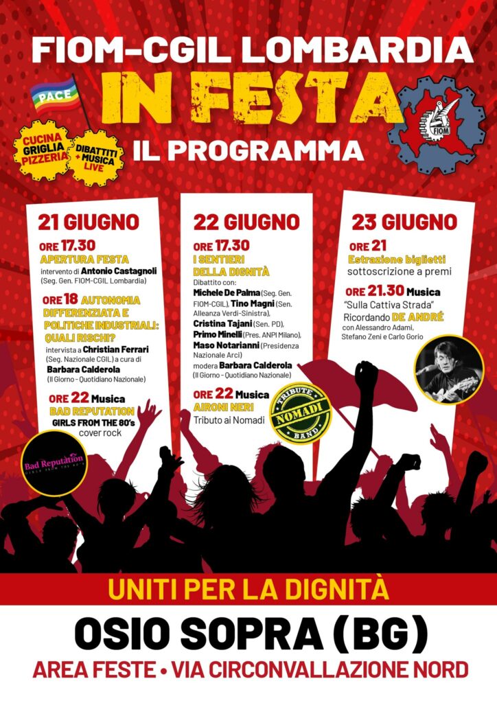 Festa FIOM Osio Sopra Metalmeccanici CGIL, da venerdì la festa della FIOM Lombardia a Osio Sopra