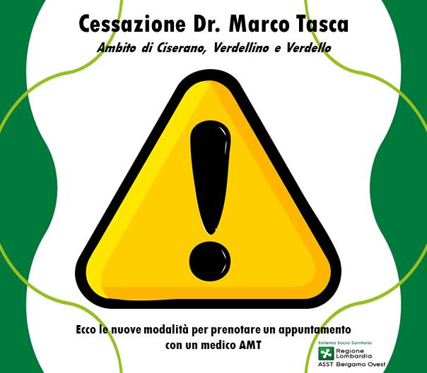 A Verdellino attivata la AMT per i pazienti orfani del Dr. Tasca A Verdellino attivata la AMT per i pazienti orfani del Dr. Tasca