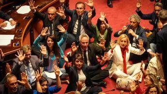 Dl sicurezza via libera del Senato. Alta tensione e opposizioni sedute in terra per protesta Dl sicurezza via libera del Senato. Alta tensione e opposizioni sedute in terra per protesta