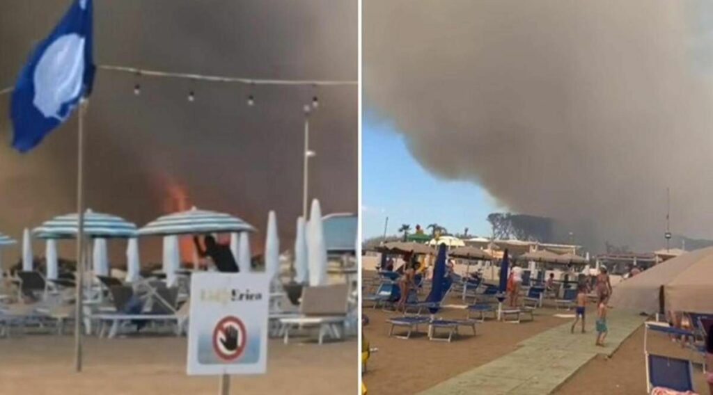 Incendio in pineta fiamme lambiscono le spiagge di Baia Domizia bagnanti in fuga Video