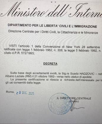 Per 33 anni ostaggio dellItalia dove e nata e cresciuta ora e finalmente apolide il decreto del Viminale Per 33 anni ostaggio dellItalia dove e nata e cresciuta ora e finalmente apolide il decreto del Viminale