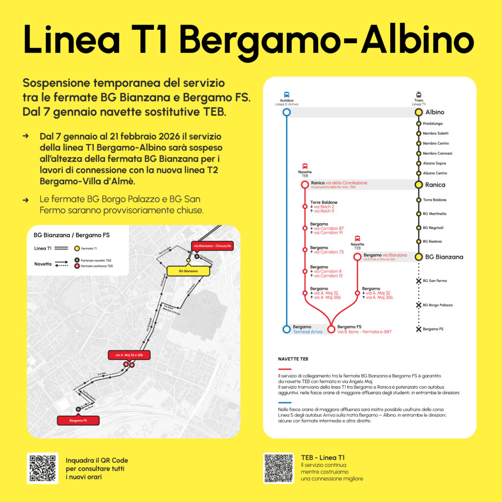 TEB Linea T1 Bergamo-Albino - Dal 7 gennaio 2026 sospensione temporanea del servizio tra le fermate BG Bianzana e Bergamo