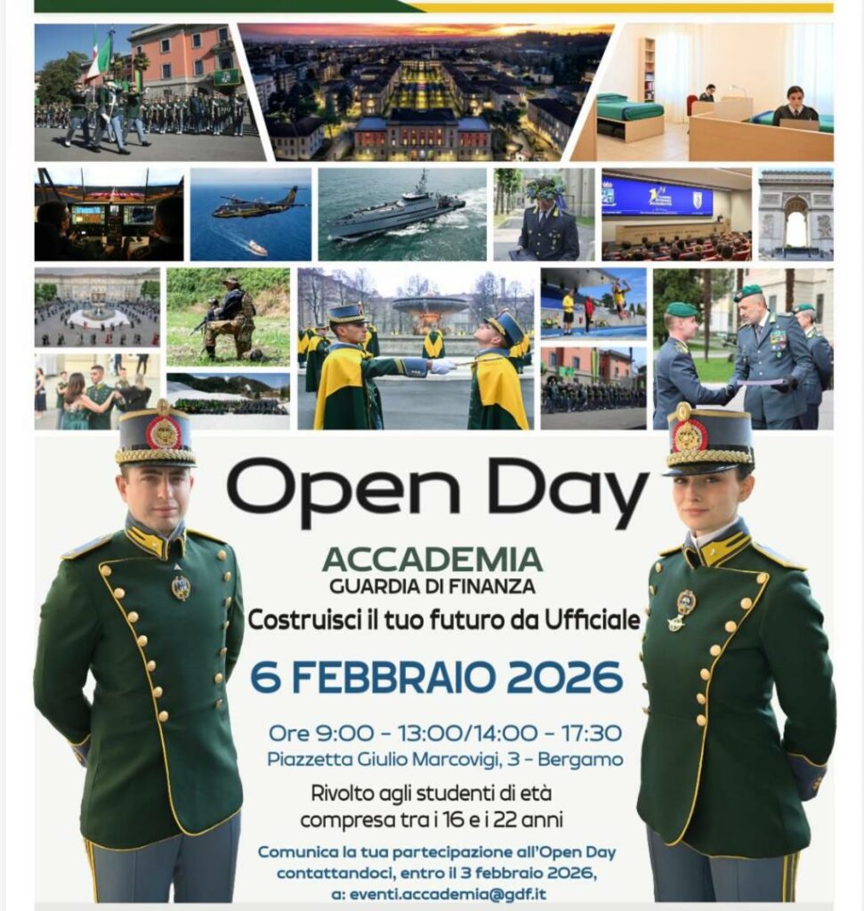 Open Day all’Accademia della Guardia di Finanza di Bergamo porte aperte il 6 febbraio per gli studenti dai 16 ai 22 anni