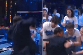 Sal Da Vinci canta a Domenica In raggiunge la platea e. cade