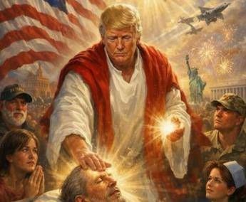 Luce divina e fedeli in preghiera Trump come Gesu nellimmagine Ai postata su Truth