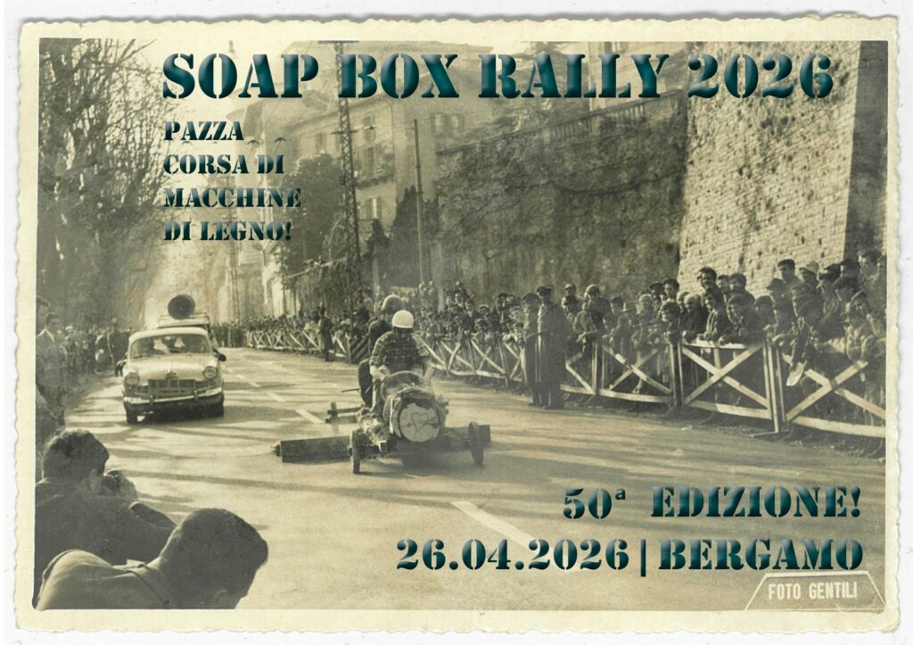 Soap Box Rally 2026 a Bergamo 50 anni della corsa delle macchine di legno in Città Alta il 26 aprile
