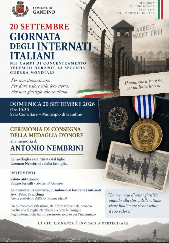 Gandino celebra la Giornata degli Internati Italiani medaglia d’onore alla memoria di Antonio Nembrini